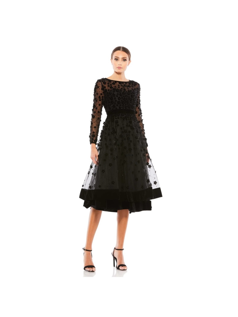 $498 Mac Duggal 67007 Black Embellished Illusion Fit & Flare Dress 4 NEW